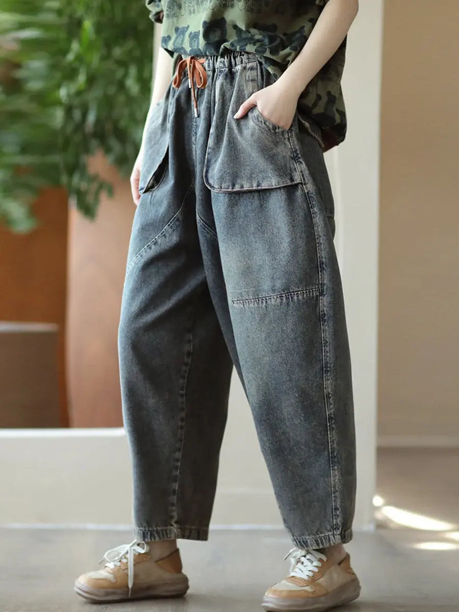 Women Retro Big Pocket Denim Harem Pants Ada Fashion