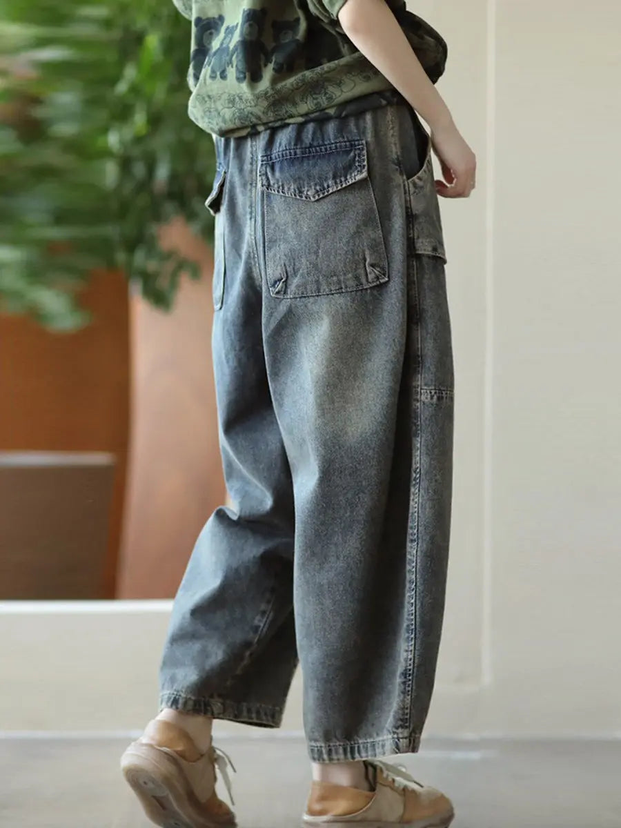 Women Retro Big Pocket Denim Harem Pants Ada Fashion