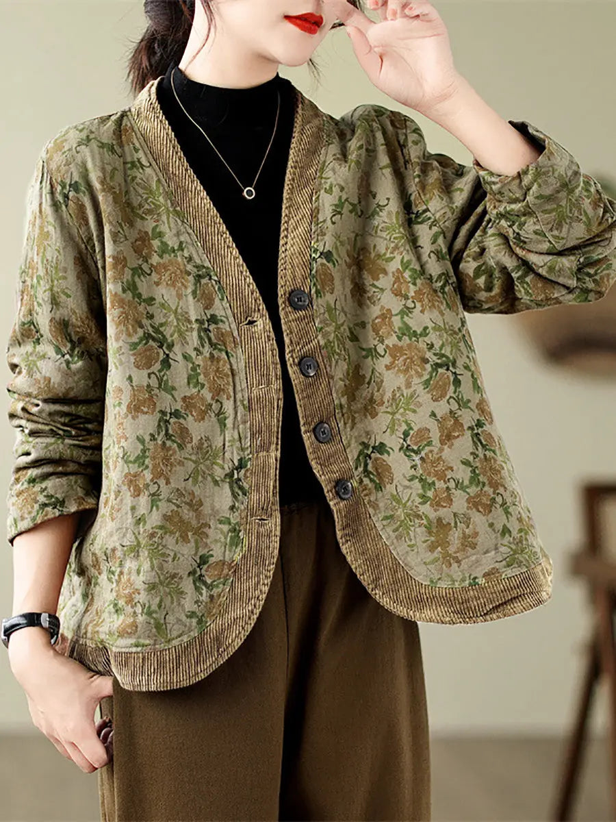 Women Retro Floral Spliced V-Neck Padded Jacket Ada Fashion