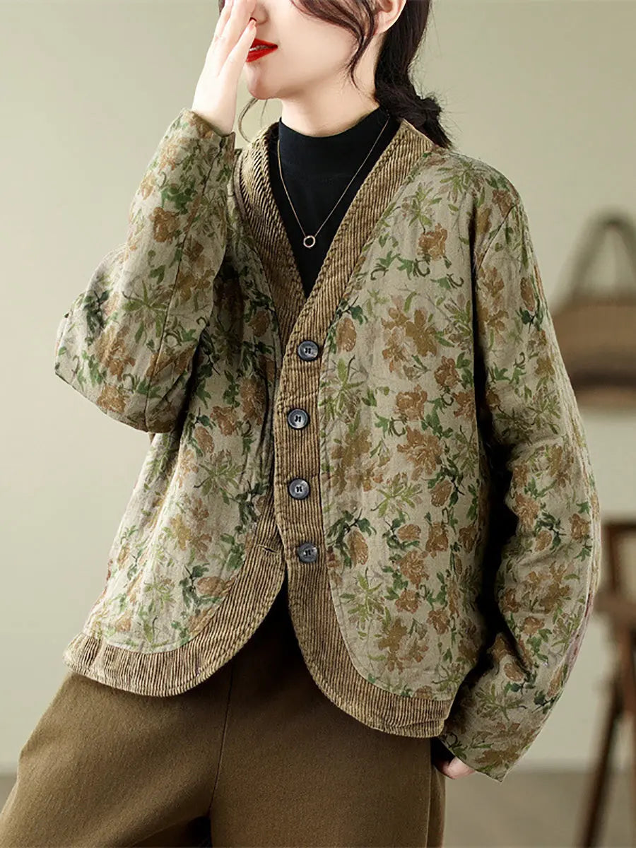 Women Retro Floral Spliced V-Neck Padded Jacket Ada Fashion