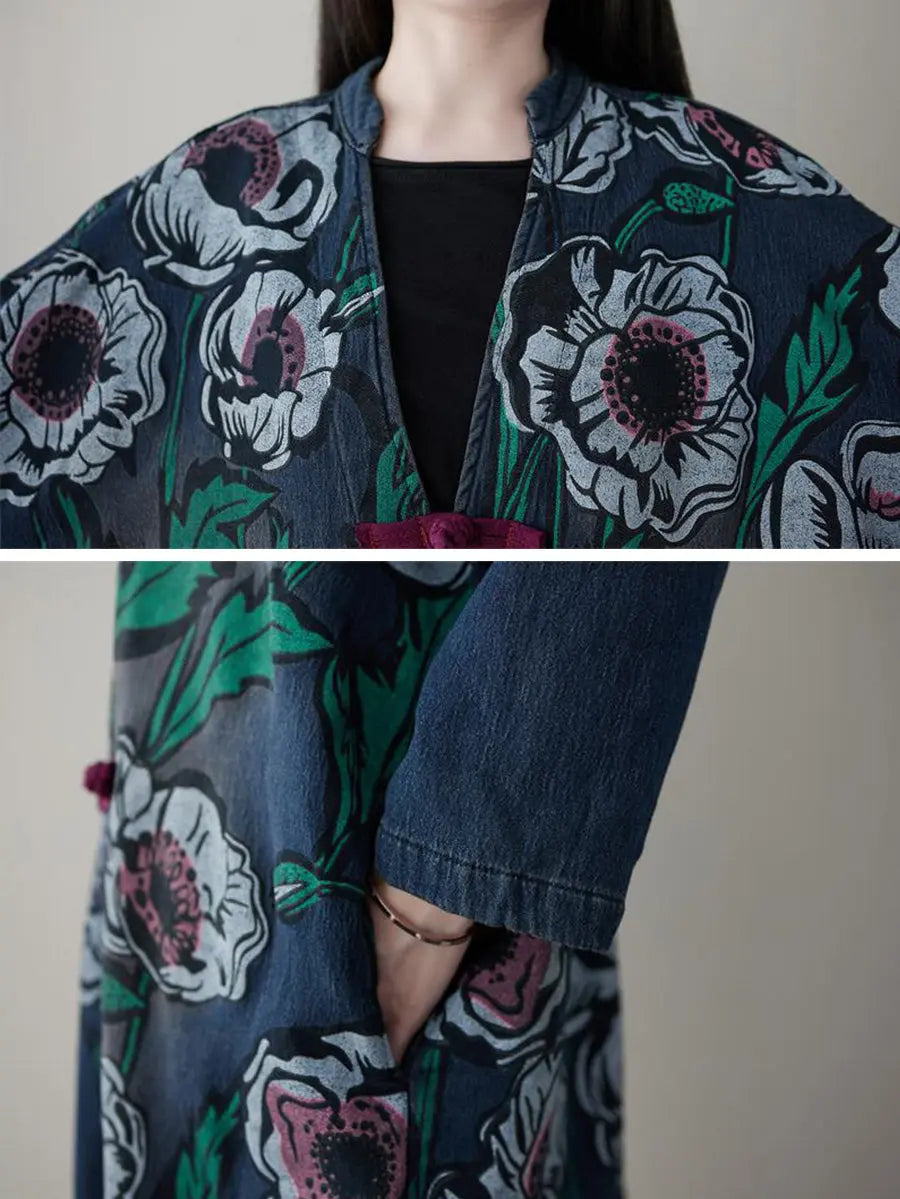 Women Retro Flower Print Denim Spring Long Coat Ada Fashion