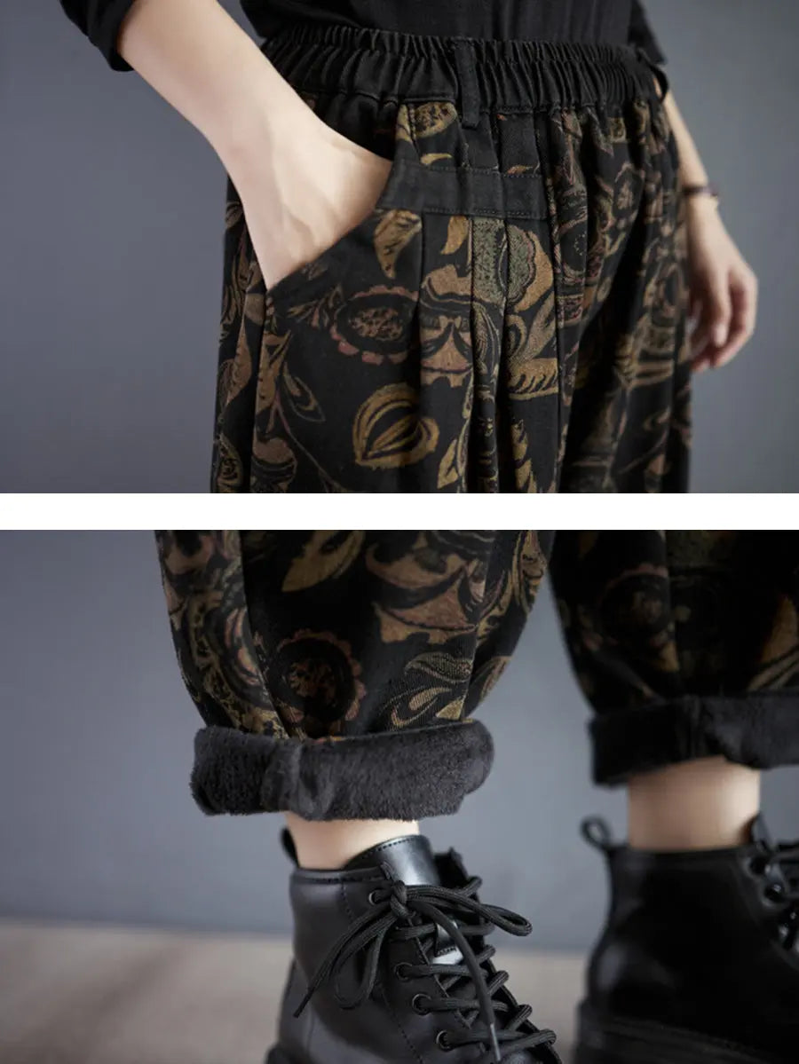 Women Retro Flower Winter Fleece-lined Harem Pants Ada Fashion