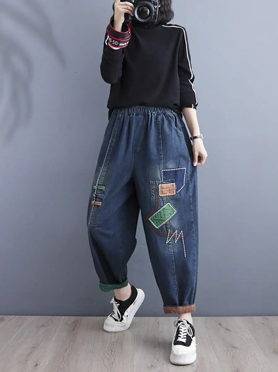 Women Retro Patch Spliced Denim Harem Pants Ada Fashion