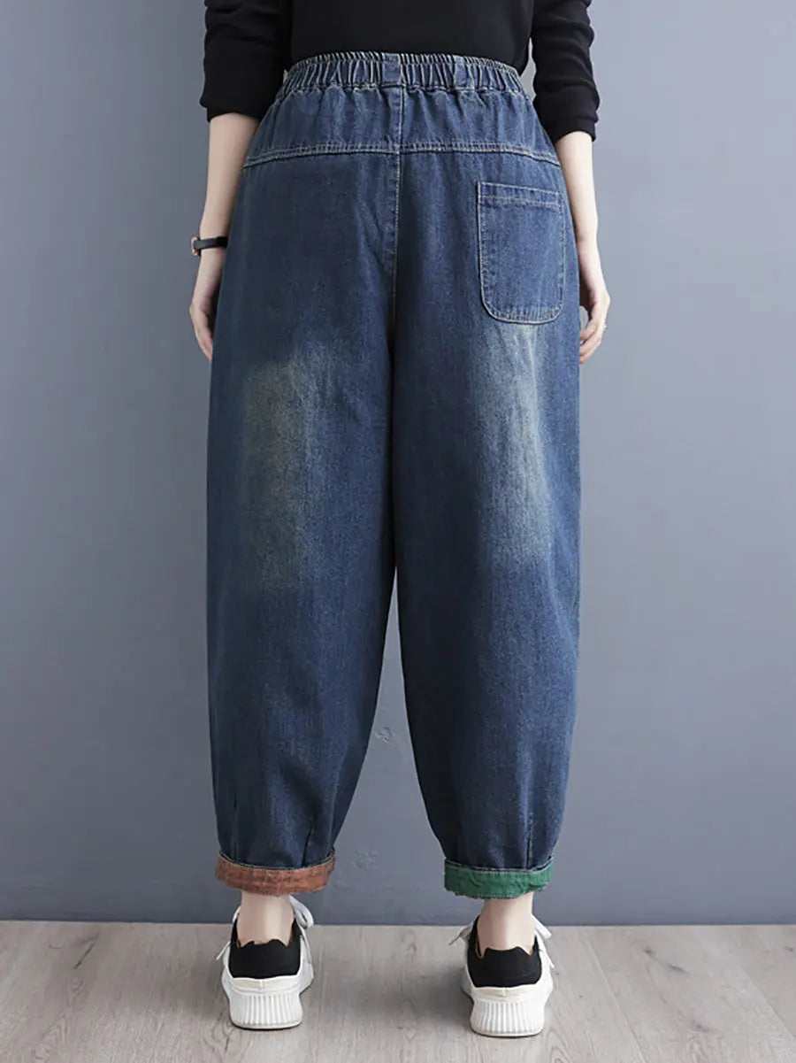 Women Retro Patch Spliced Denim Harem Pants Ada Fashion