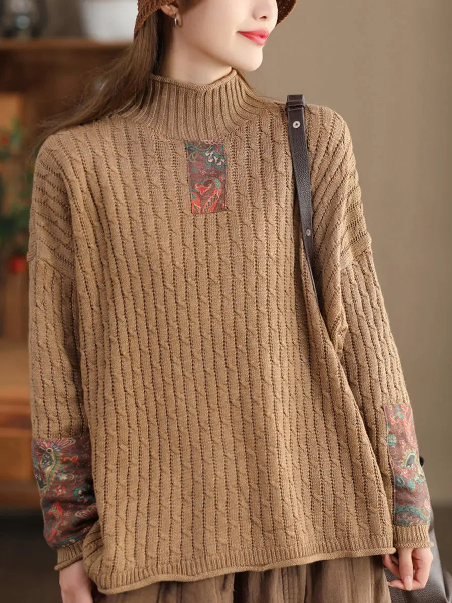 Women Retro Patch Spliced Knitted Turtleneck Sweater Ada Fashion