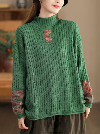 Women Retro Patch Spliced Knitted Turtleneck Sweater Ada Fashion