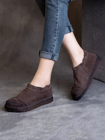 Women Retro Pure Color Leather Flat Shoes Ada Fashion