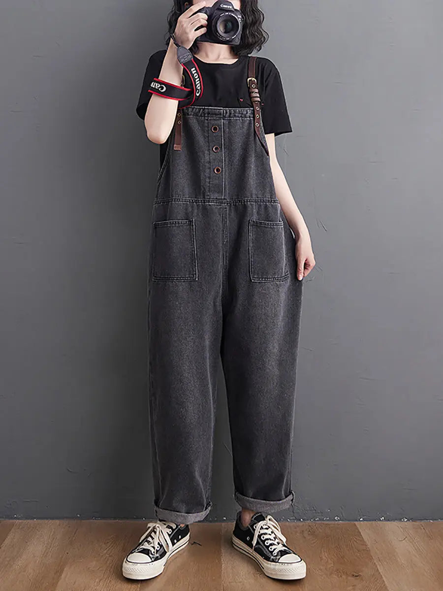 Women Retro Spring Solid Loose Denim Jumpsuits Ada Fashion