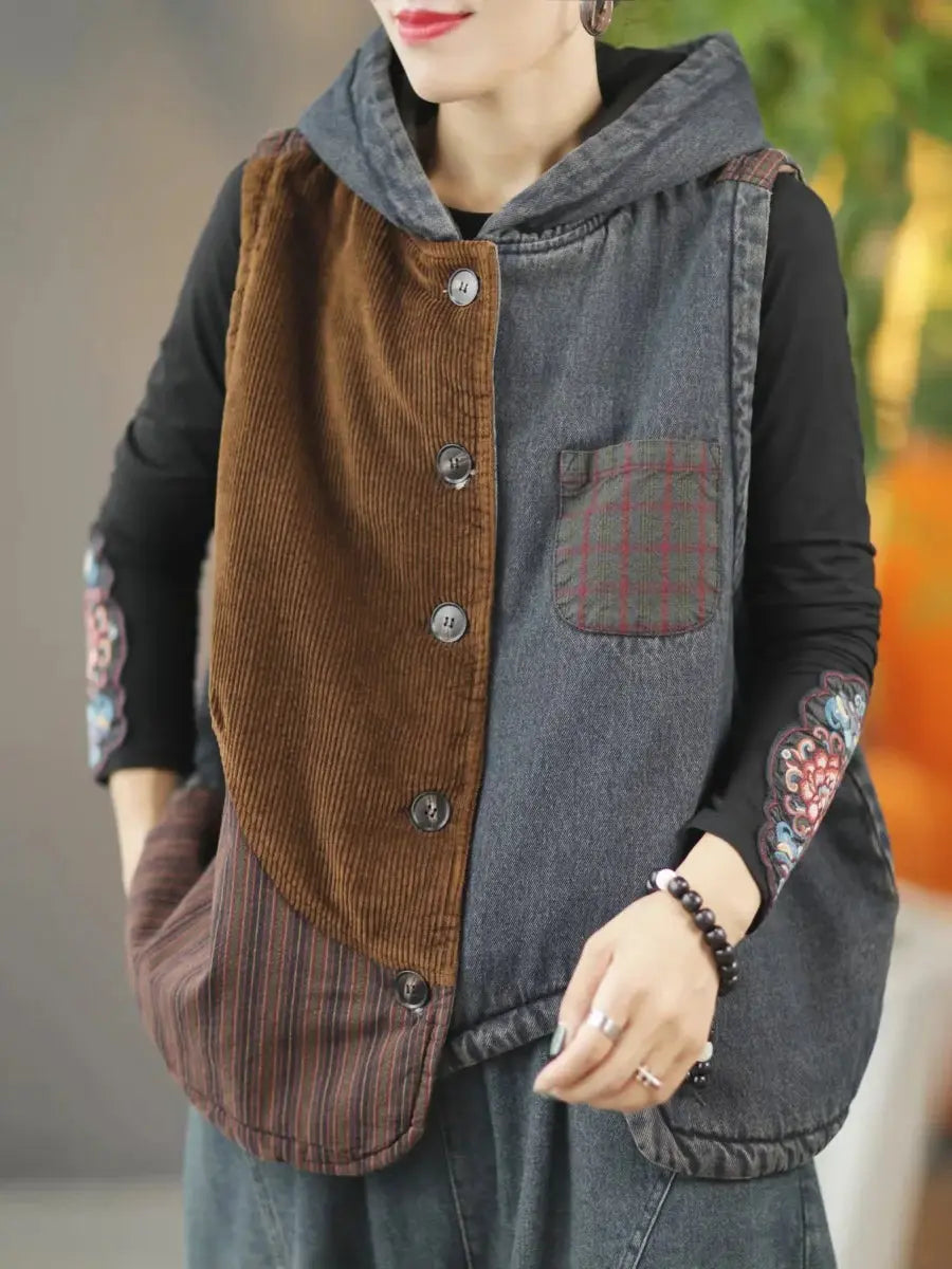 Women Retro Winter Patchwork Hooded Vest Coat Ada Fashion