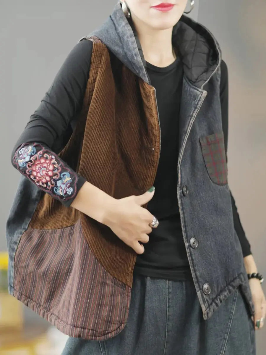 Women Retro Winter Patchwork Hooded Vest Coat Ada Fashion