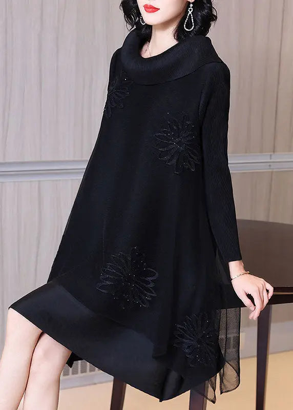 Women Rose Asymmetrical Patchwork Nail Bead Tulle Vacation Long Dresses Long Sleeve Ada Fashion