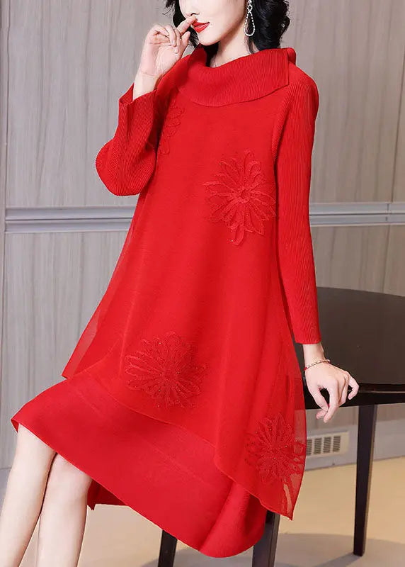 Women Rose Asymmetrical Patchwork Nail Bead Tulle Vacation Long Dresses Long Sleeve Ada Fashion