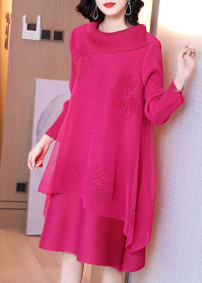 Women Rose Asymmetrical Patchwork Nail Bead Tulle Vacation Long Dresses Long Sleeve Ada Fashion