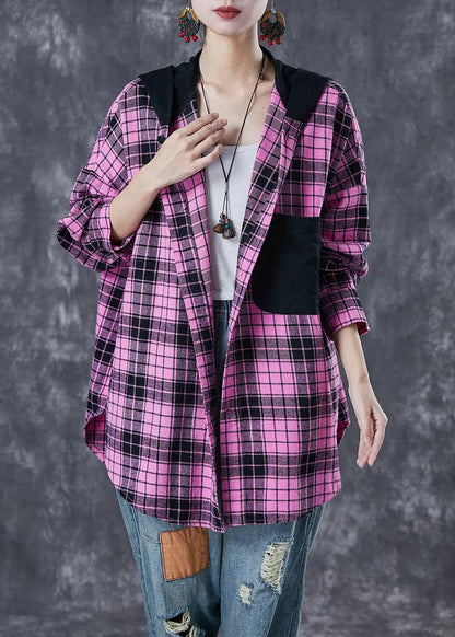 Women Rose Hooded Patchwork Plaid Cotton Coat Fall Ada Fashion