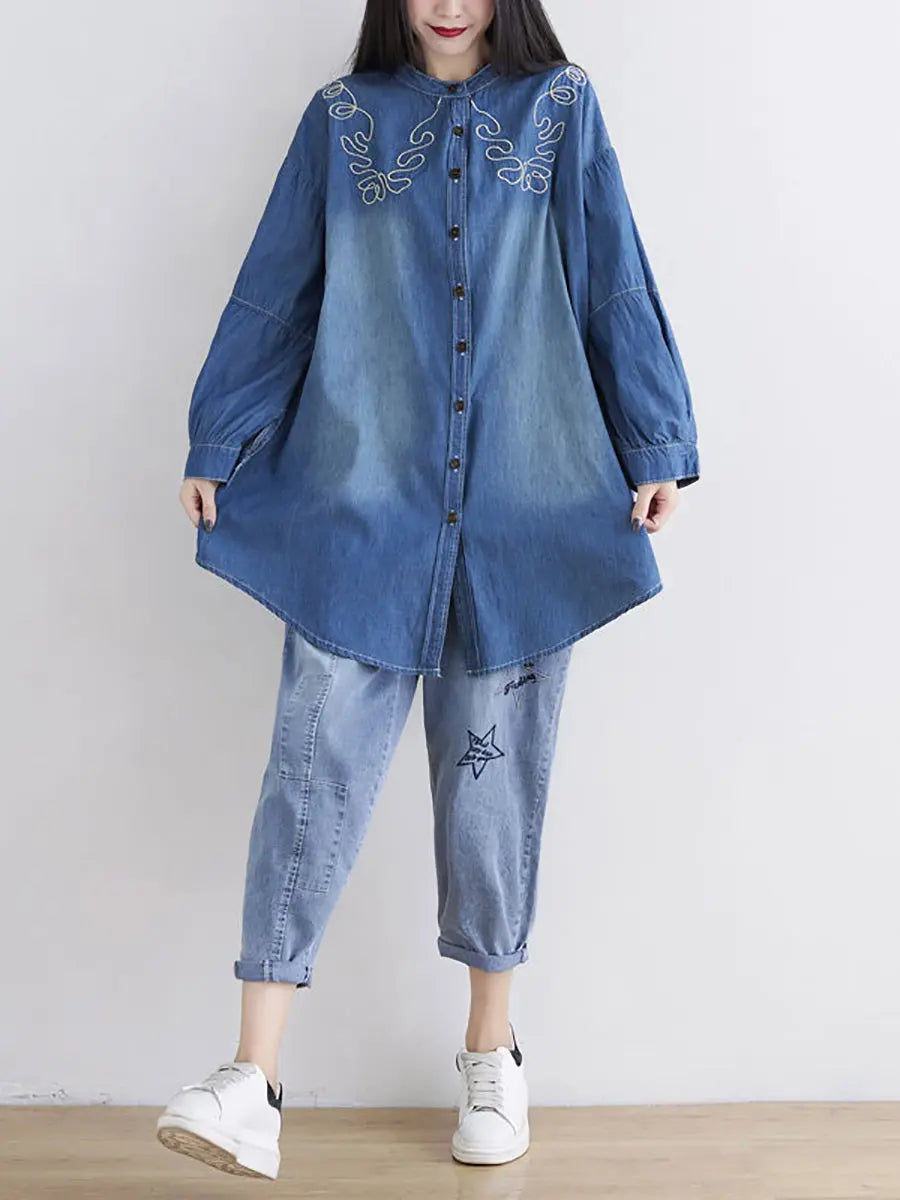 Women Spring Casual Embroidery Denim Long Shirt Ada Fashion