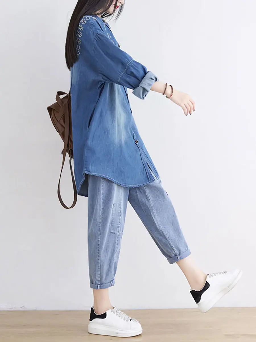 Women Spring Casual Embroidery Denim Long Shirt Ada Fashion