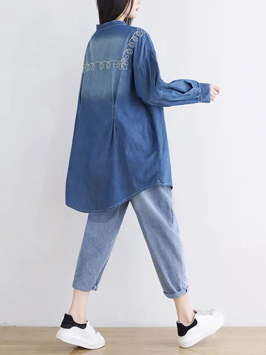 Women Spring Casual Embroidery Denim Long Shirt Ada Fashion