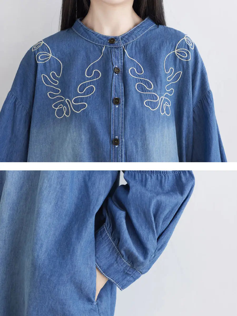 Women Spring Casual Embroidery Denim Long Shirt Ada Fashion