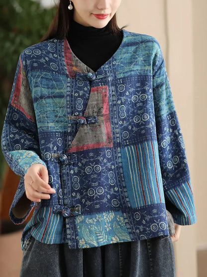 Women Spring Ethnic Floral V-Neck Shirt Ada Fashion