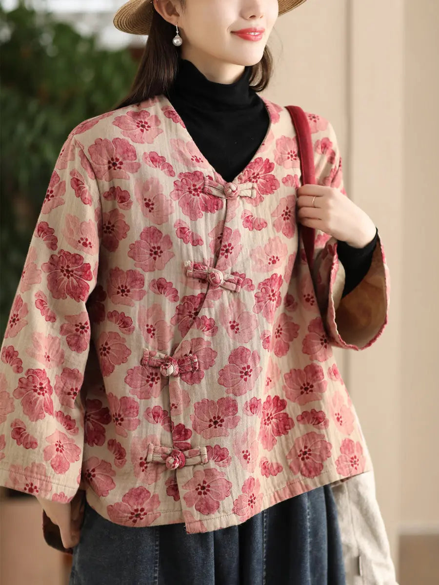 Women Spring Ethnic Floral V-Neck Shirt Ada Fashion