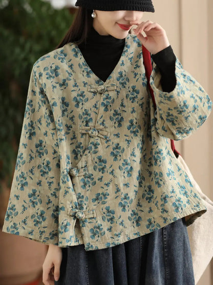 Women Spring Ethnic Floral V-Neck Shirt Ada Fashion