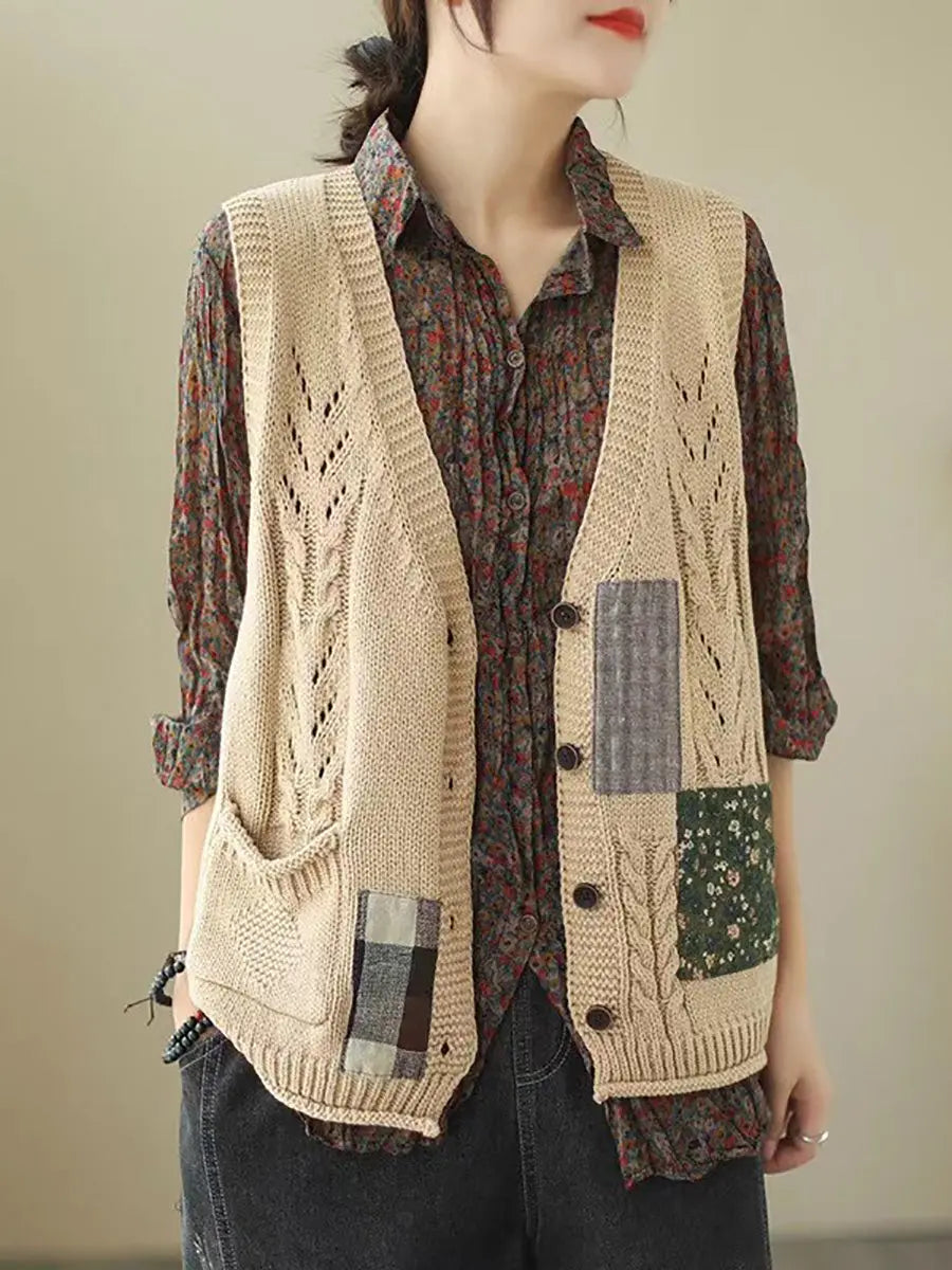 Women Spring Retro Patch Spliced Knitted Vest Ada Fashion