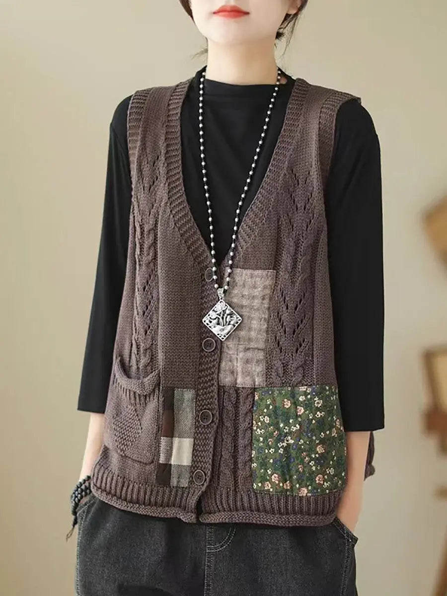 Women Spring Retro Patch Spliced Knitted Vest Ada Fashion