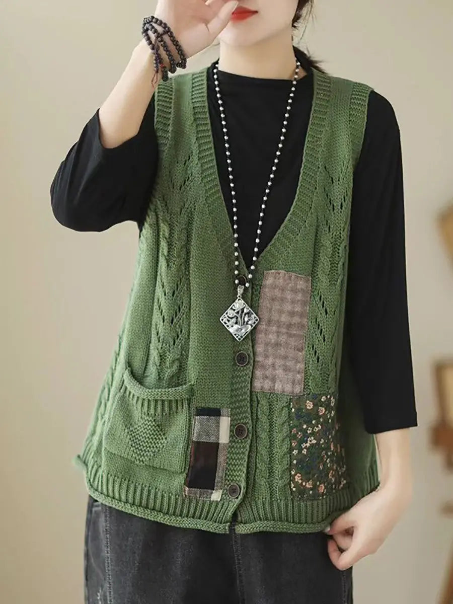 Women Spring Retro Patch Spliced Knitted Vest Ada Fashion