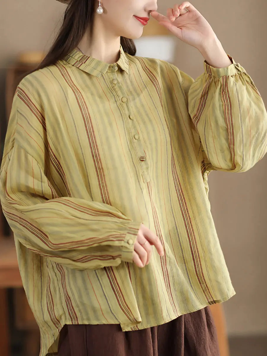 Women Spring Stripe Ramie Loose Ramie Shirt Ada Fashion