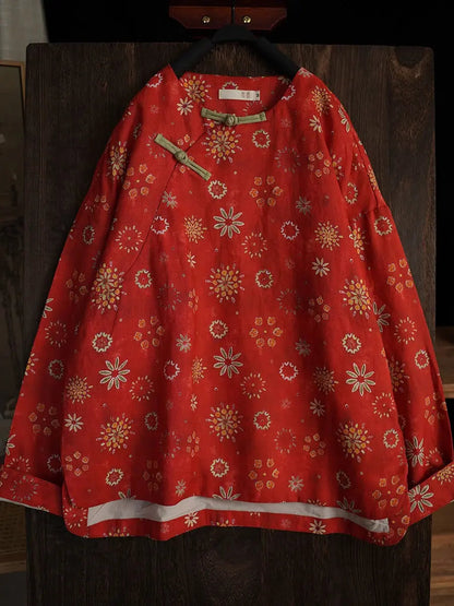 Women Spring Vintage Floral Ramie Padded Coat Ada Fashion