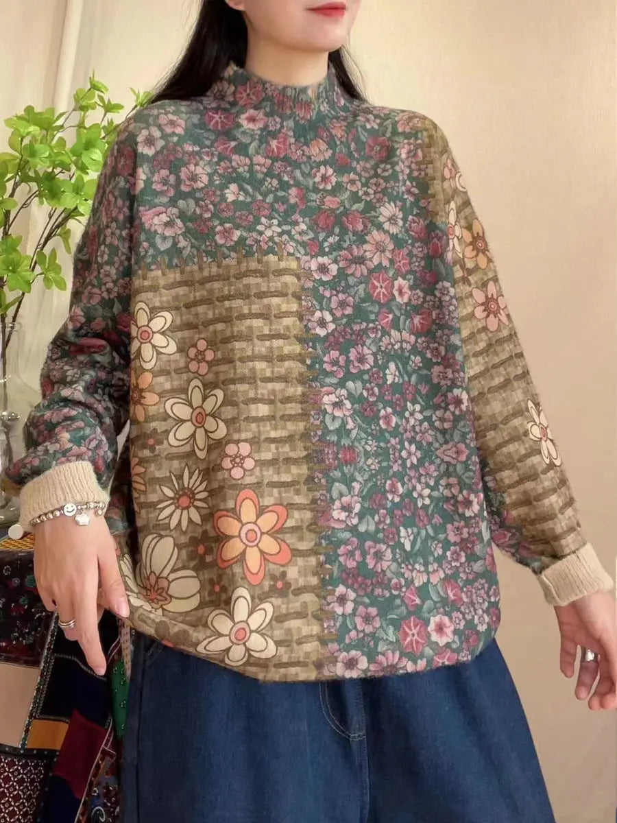 Women Spring Vintage Floral Spliced Half-Turtleneck Sweater Ada Fashion
