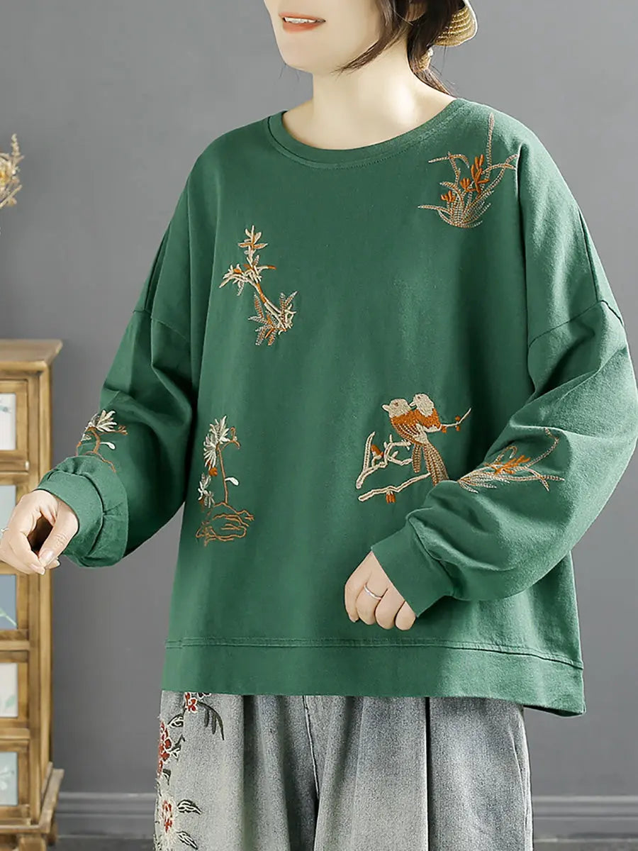 Women Spring Vintage Flower Embroidery O-Neck Shirt Ada Fashion