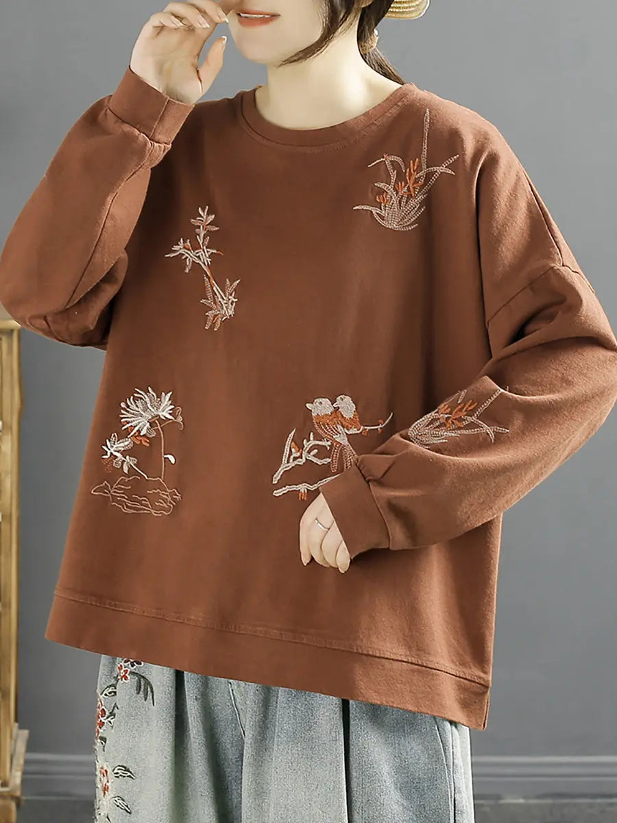 Women Spring Vintage Flower Embroidery O-Neck Shirt Ada Fashion