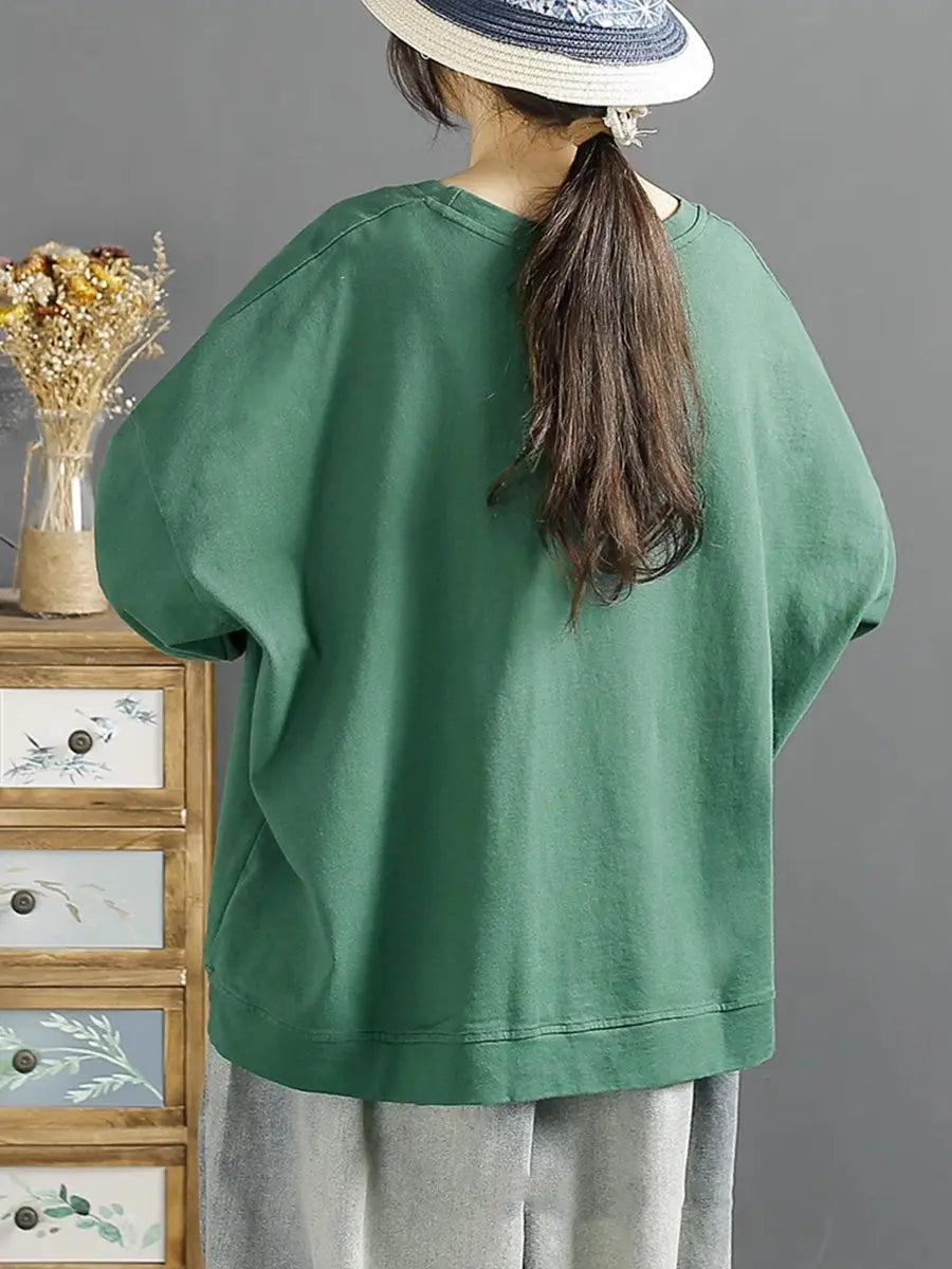 Women Spring Vintage Flower Embroidery O-Neck Shirt Ada Fashion