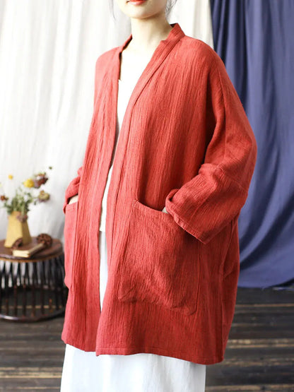 Women Spring Vintage Solid V-Neck Long Coat Ada Fashion