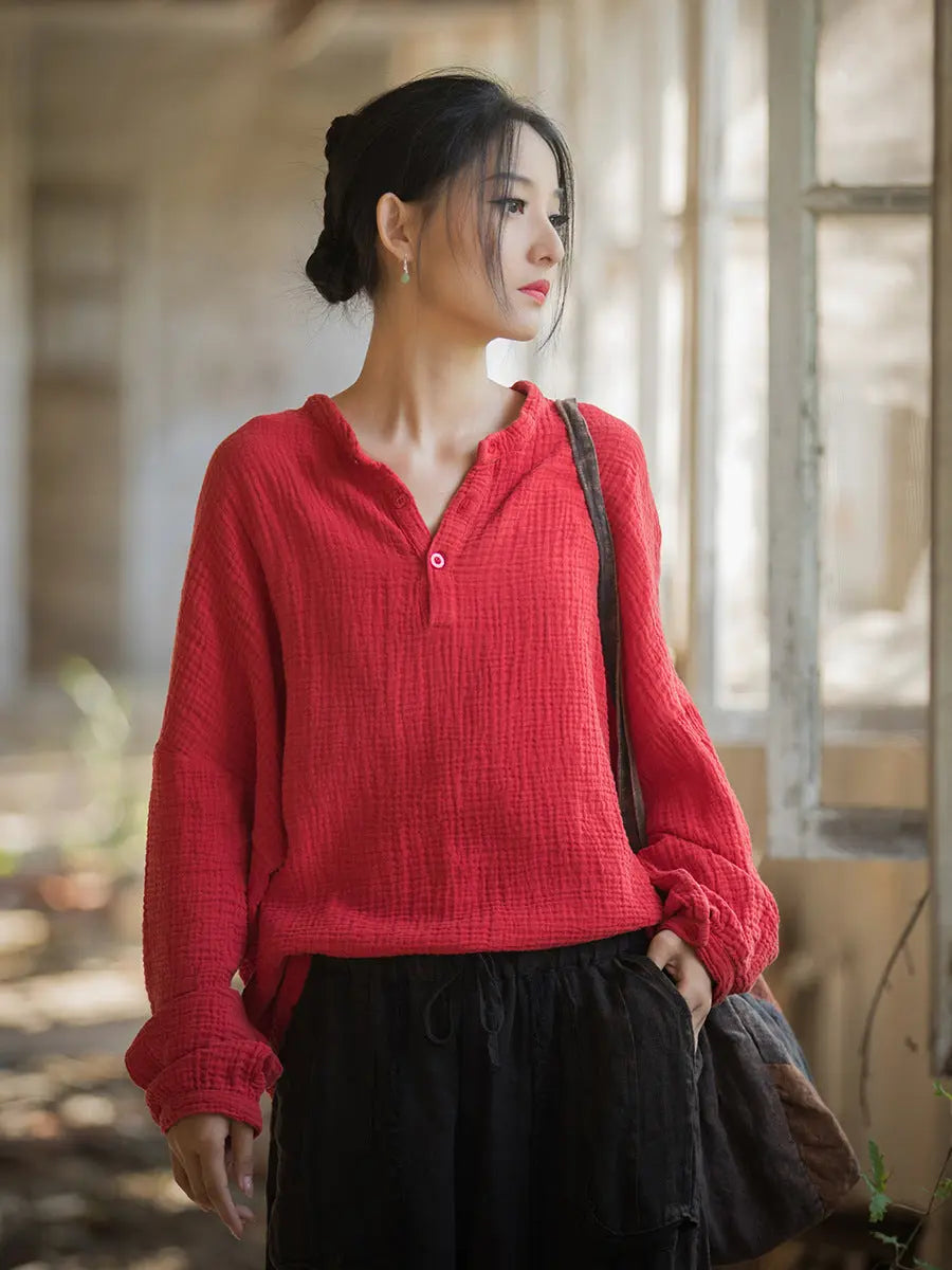 Women Spring Vintage Solid V-Neck Shirt Ada Fashion
