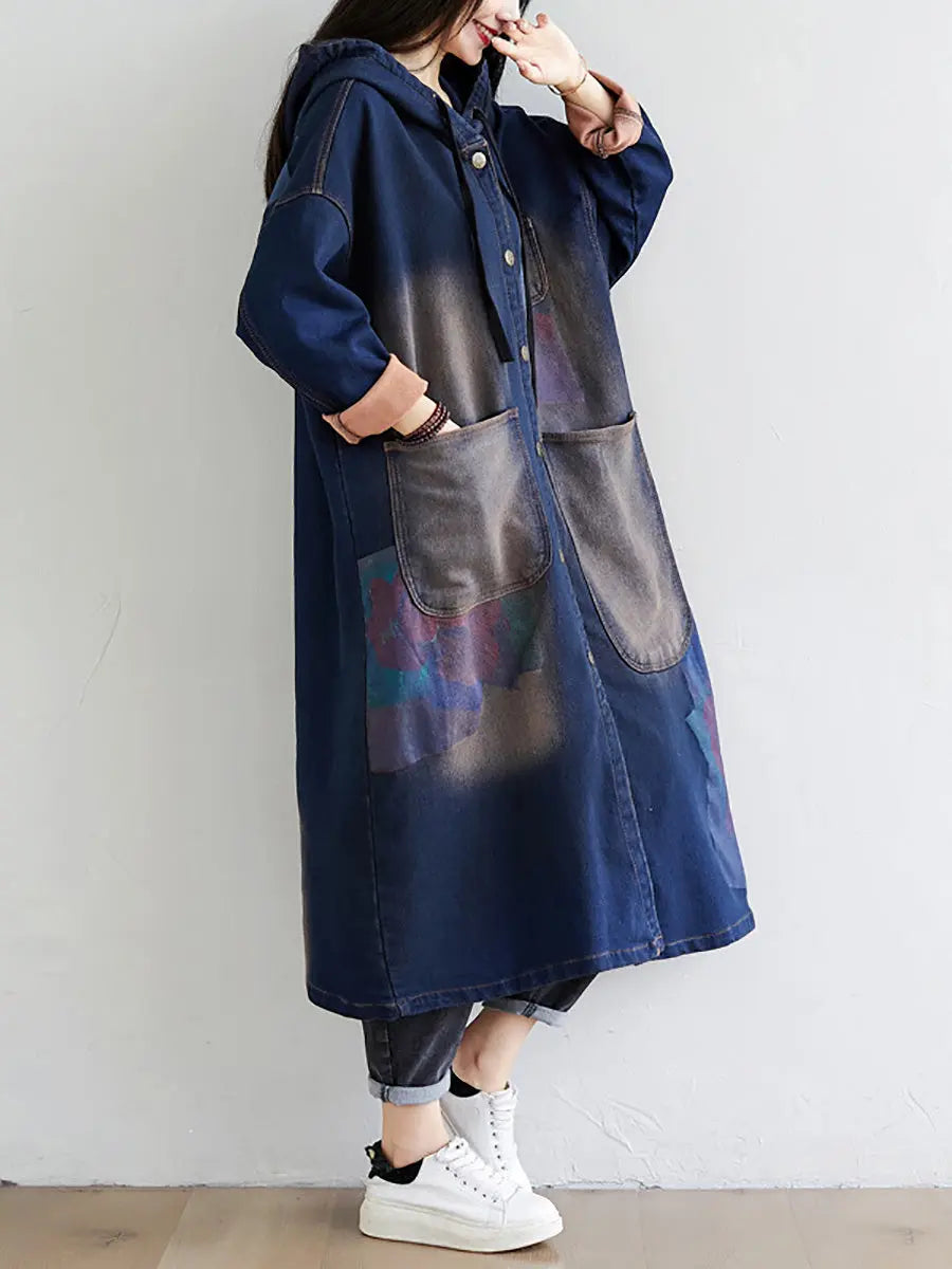 Women Spring Wron Print Splced Denim Hooded Coat Ada Fashion