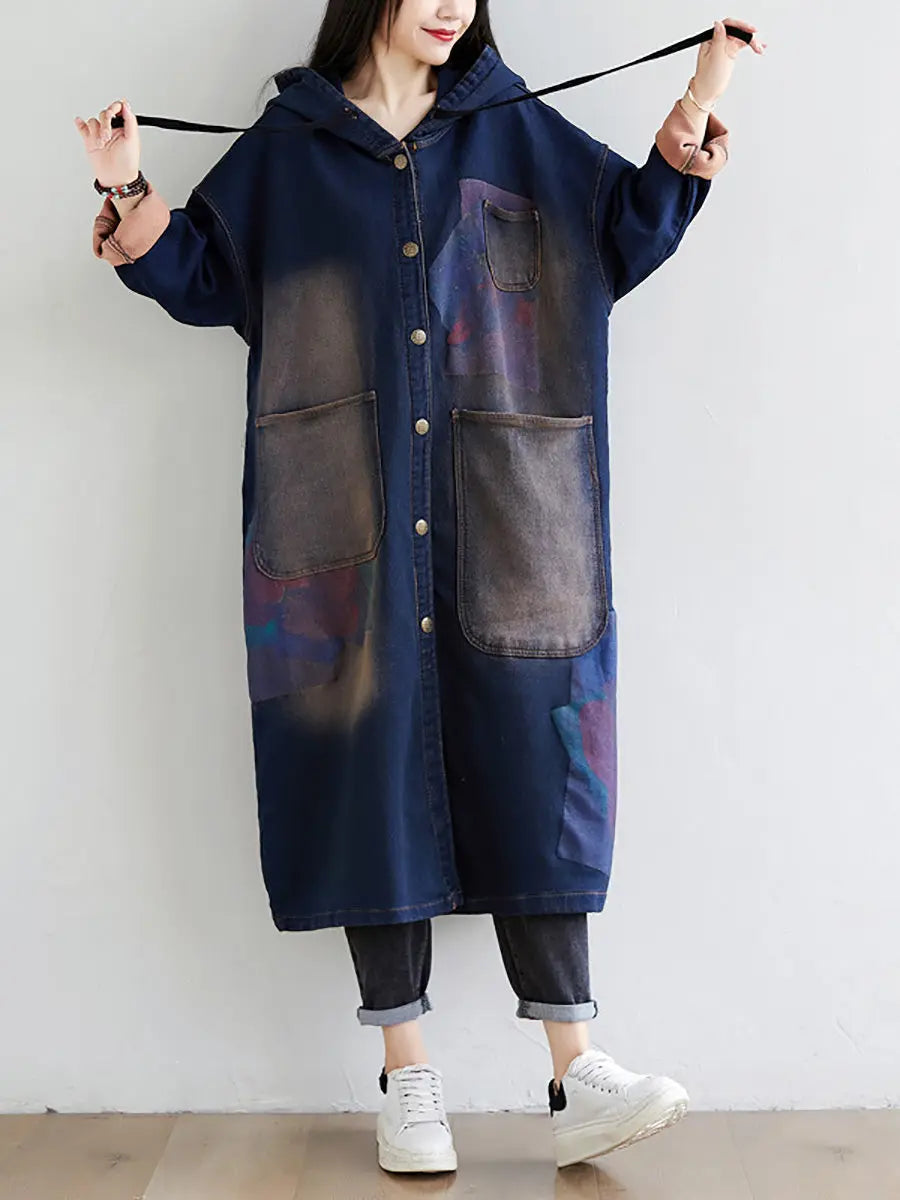 Women Spring Wron Print Splced Denim Hooded Coat Ada Fashion