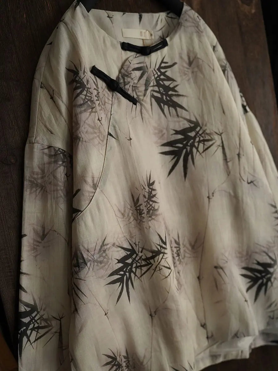 Women Vintage Bamboo Leaf Print Spring Ramie Sweatshirt Ada Fashion
