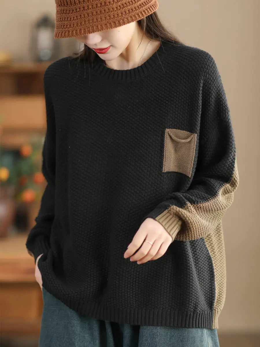 Women Vintage Colorblock Winter Knitted Sweater Ada Fashion