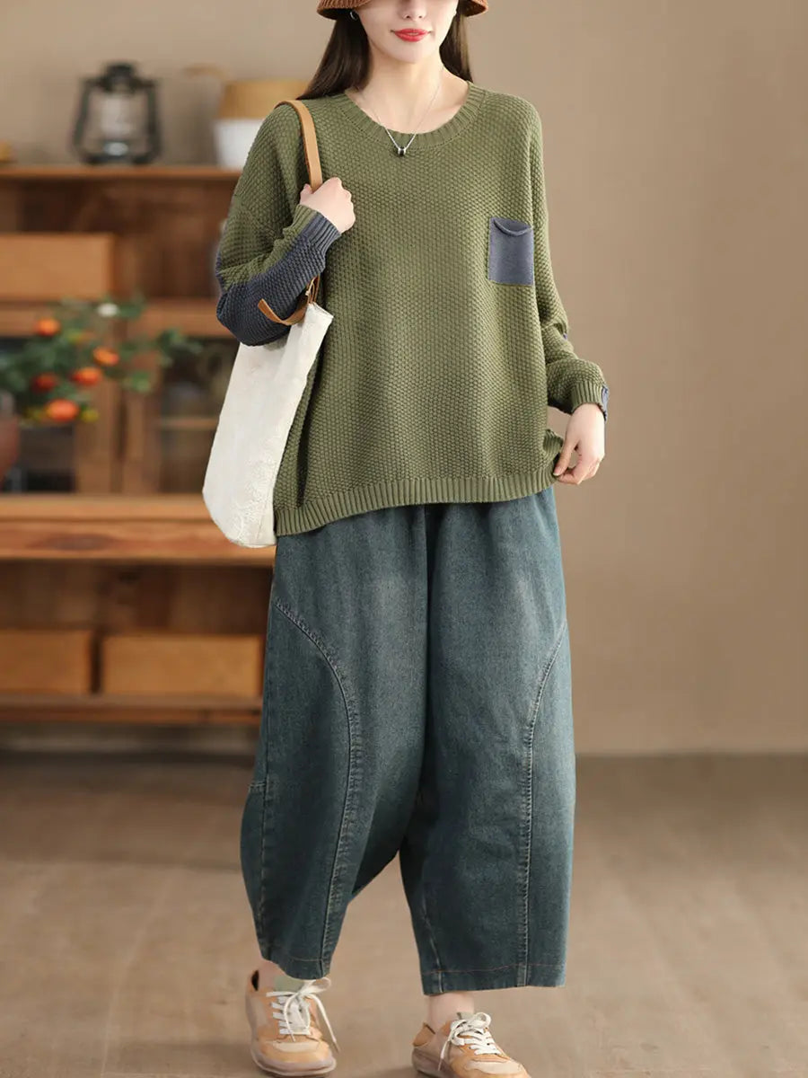 Women Vintage Colorblock Winter Knitted Sweater Ada Fashion