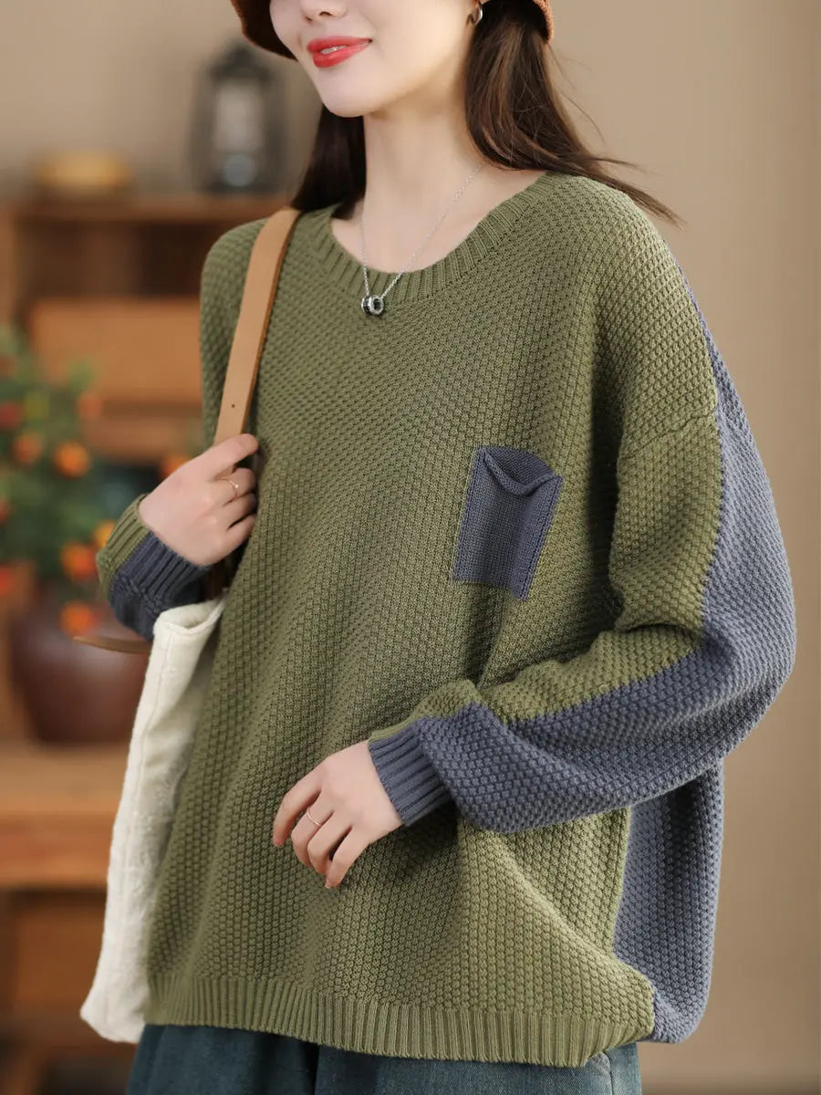 Women Vintage Colorblock Winter Knitted Sweater Ada Fashion