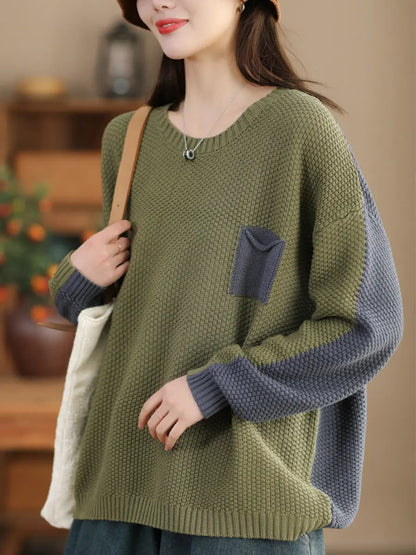 Women Vintage Colorblock Winter Knitted Sweater Ada Fashion