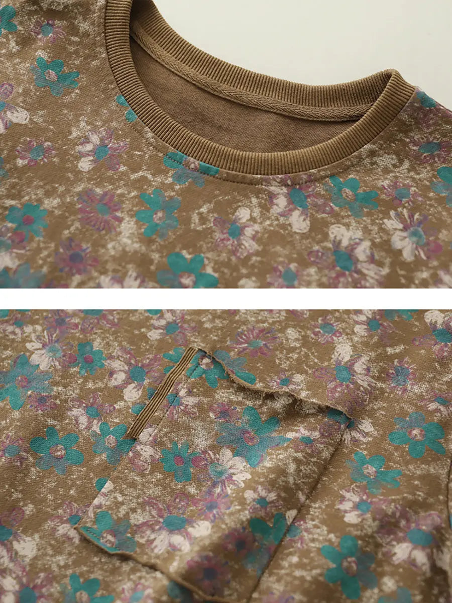 Women Vintage Cotton Flower O-Neck Sweatshirt Ada Fashion