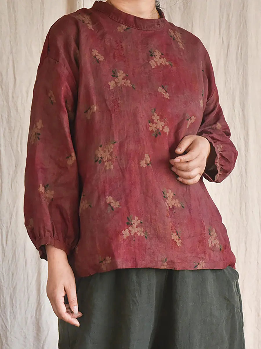 Women Vintage Floral Loose Spring Linen Shirt Ada Fashion