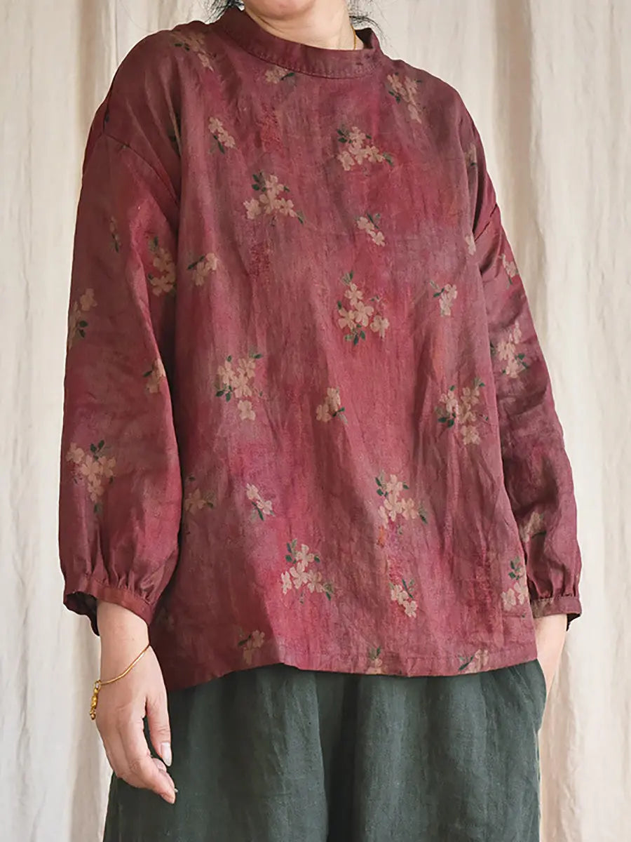 Women Vintage Floral Loose Spring Linen Shirt Ada Fashion