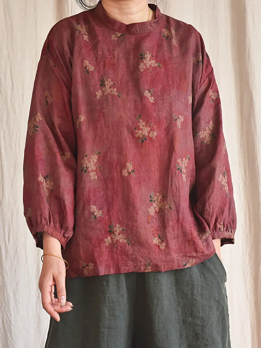Women Vintage Floral Loose Spring Linen Shirt Ada Fashion