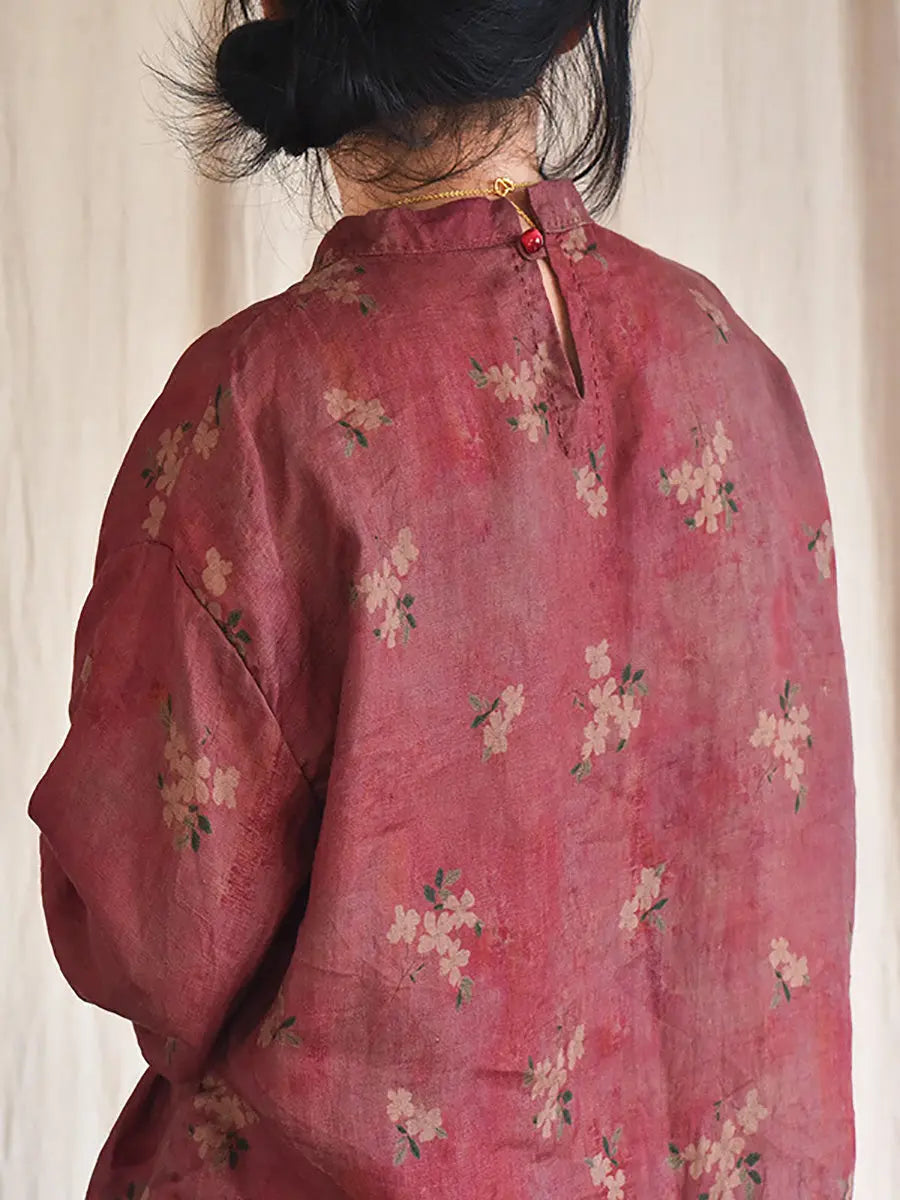 Women Vintage Floral Loose Spring Linen Shirt Ada Fashion