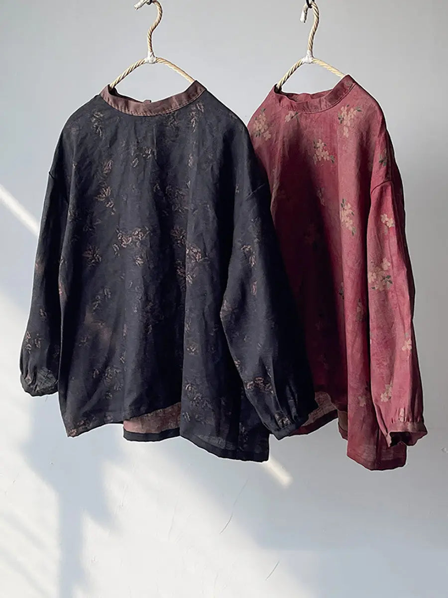 Women Vintage Floral Loose Spring Linen Shirt Ada Fashion