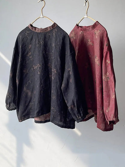 Women Vintage Floral Loose Spring Linen Shirt Ada Fashion